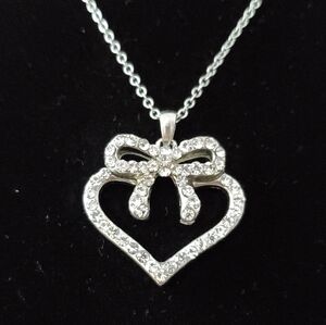 Bow Tie Heart Necklace Silvertone Chain & Rhinestones Pendant Romantic Coquette